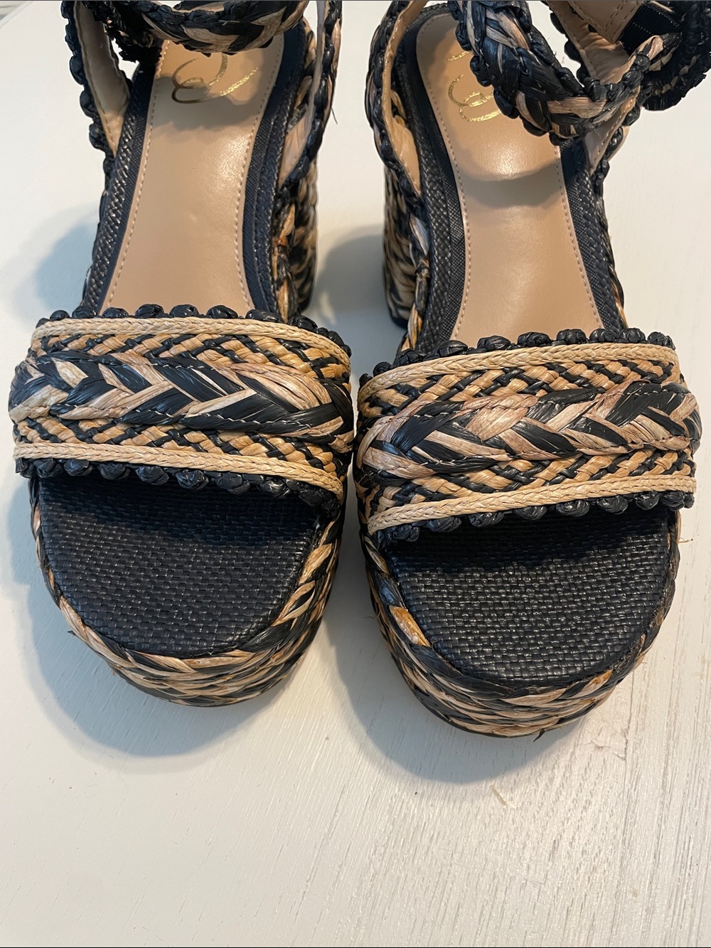 New Same Edelman Iliana Platform Sandal size 8 Black/ Natural Raffia - Picture 5 of 12